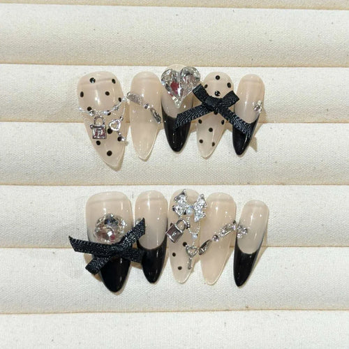  Almond Glitter Bowknot Press-On Nails cashymart