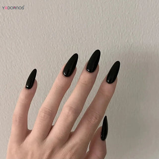  Almond Shape Mid-length Black Fake Nail Set cashymart