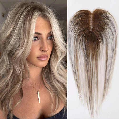  Ash Gray Brown 100% Remy Human Hair Toppers Clips cashymart