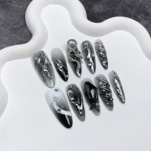  Black Handmade Press On Nails cashymart
