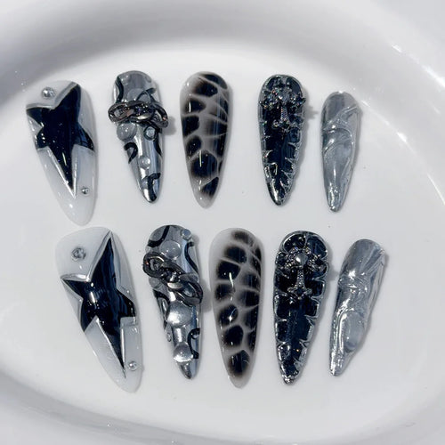 Black Star Snake Pattern Almond Press-On Nails cashymart