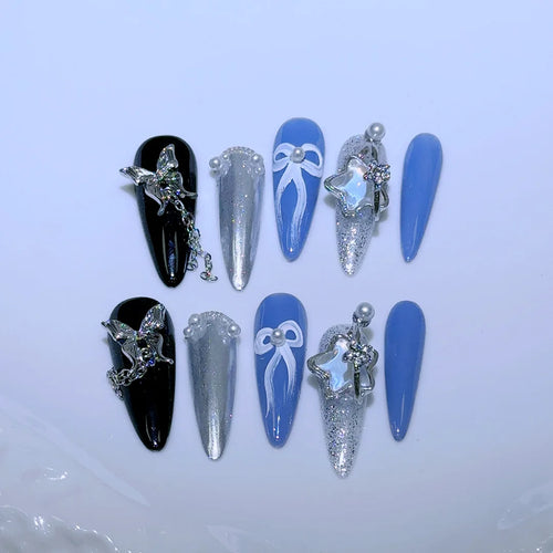  Black Star Snake Pattern Almond Press-On Nails cashymart