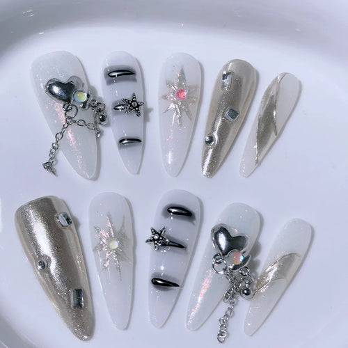  Black Star Snake Pattern Almond Press-On Nails cashymart