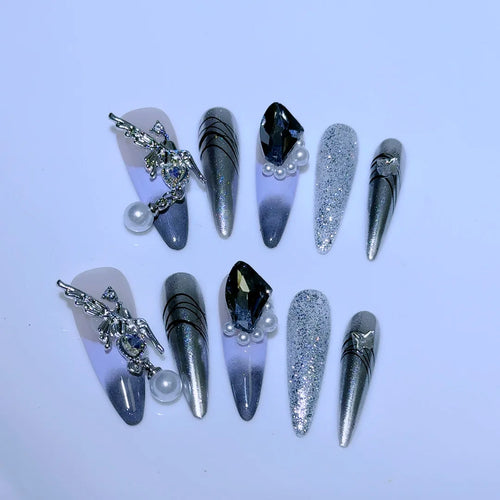  Black Star Snake Pattern Almond Press-On Nails cashymart