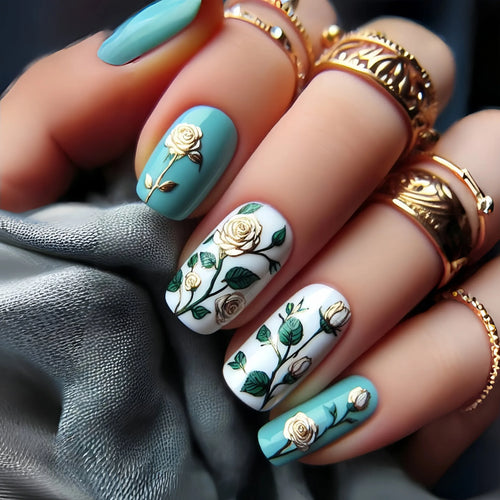  Blue Floral Press On Nails Set 24pcs cashymart