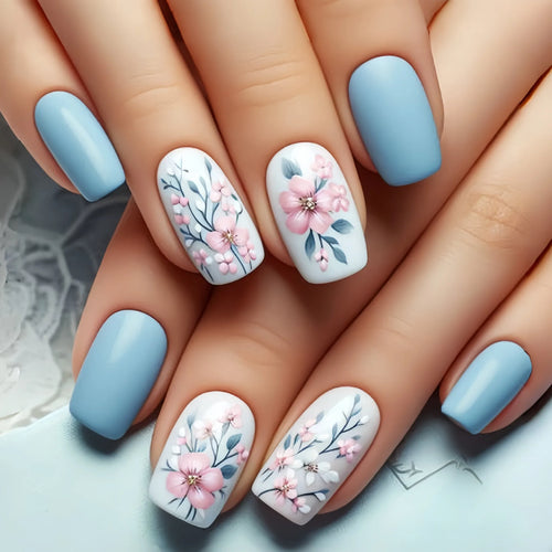 Blue Floral Press On Nails Set 24pcs cashymart