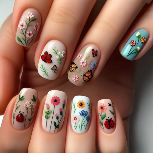  Blue Floral Press On Nails Set 24pcs cashymart