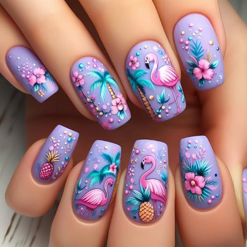  Blue Floral Press On Nails Set 24pcs cashymart