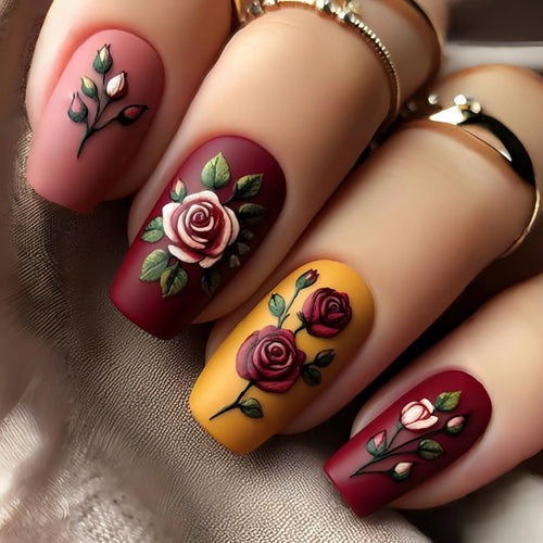  Blue Floral Press On Nails Set 24pcs cashymart