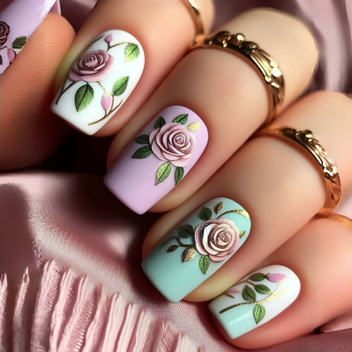 Blue Floral Press On Nails Set 24pcs cashymart