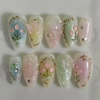  Colorful 3D Flower & Butterfly Press-On Nails cashymart