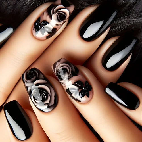  Elegant Rose-Embellished Black Ballerina Nails cashymart