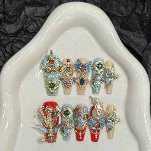  Exquisite Oriental Press-On Nails with Phoenix and Cloud Motifs cashymart