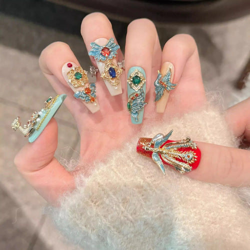  Exquisite Oriental Press-On Nails with Phoenix and Cloud Motifs cashymart