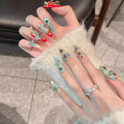 Exquisite Oriental Press-On Nails with Phoenix and Cloud Motifs cashymart