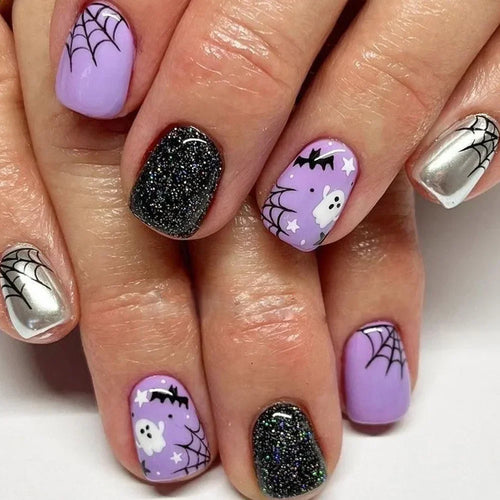  Ghostly Glow 24Pcs Black Square Press-On Nails cashymart