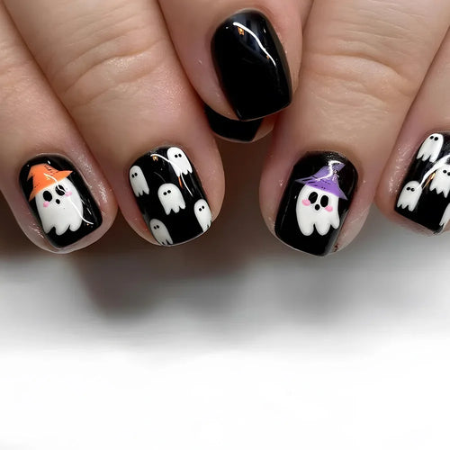  Ghostly Glow 24Pcs Black Square Press-On Nails cashymart