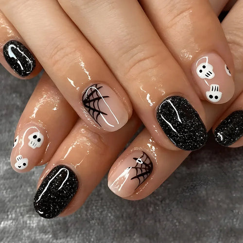  Ghostly Glow 24Pcs Black Square Press-On Nails cashymart