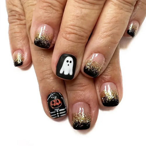  Ghostly Glow 24Pcs Black Square Press-On Nails cashymart