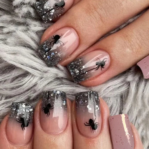  Ghostly Glow 24Pcs Black Square Press-On Nails cashymart