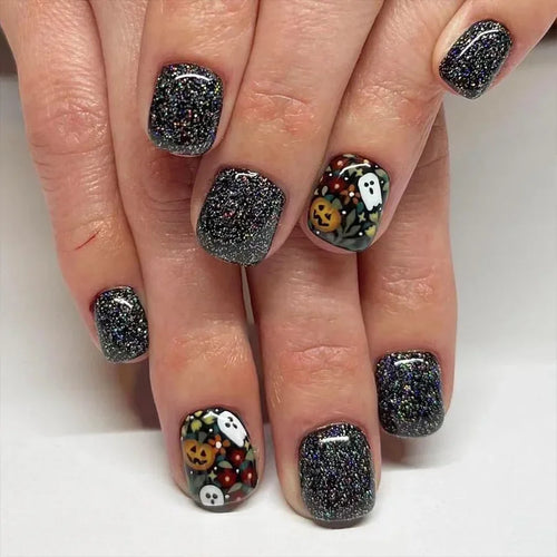  Ghostly Glow 24Pcs Black Square Press-On Nails cashymart