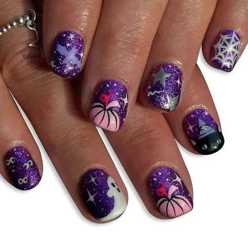  Ghostly Glow 24Pcs Black Square Press-On Nails cashymart
