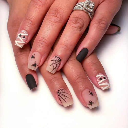  Ghostly Glow 24Pcs Black Square Press-On Nails cashymart