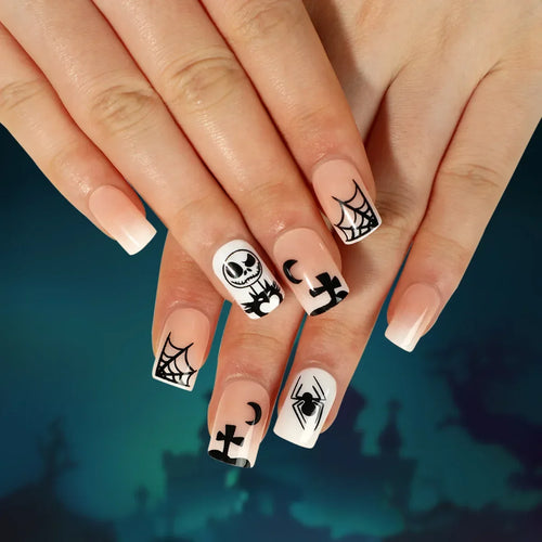  Ghostly Glow 24Pcs Black Square Press-On Nails cashymart
