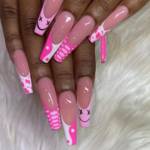  Glam Pink Cow Coffin Nails cashymart