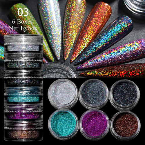  Glitter Mirror Dust Nail Powder Set 6 Box cashymart