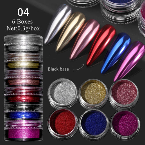  Glitter Mirror Dust Nail Powder Set 6 Box cashymart