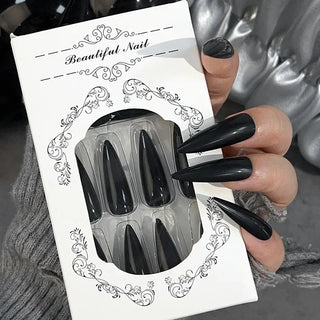  Glossy Black Long Stiletto Press-On Nails cashymart