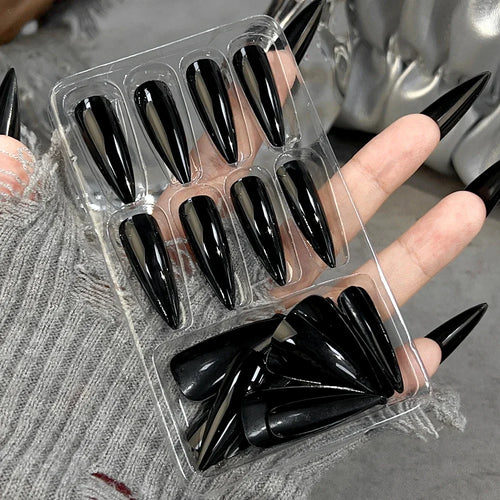  Glossy Black Long Stiletto Press-On Nails cashymart