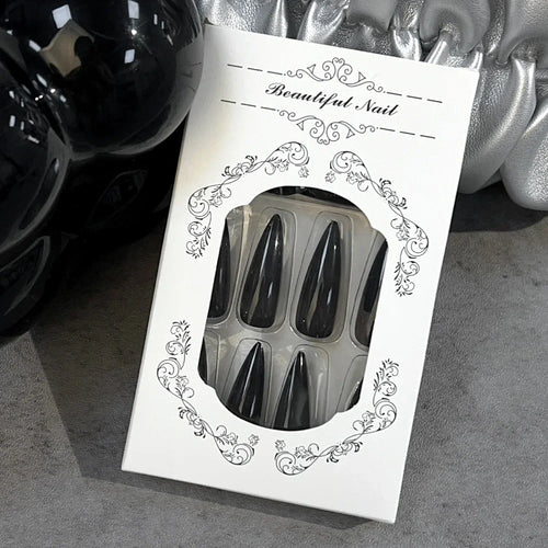  Glossy Black Long Stiletto Press-On Nails cashymart