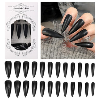  Glossy Black Long Stiletto Press-On Nails cashymart