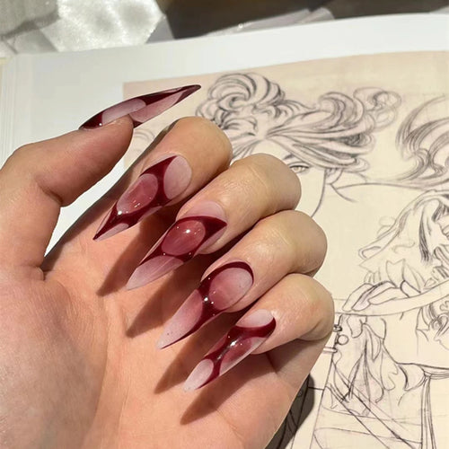  Gothic Red Blush Long Pointed Press-On Nail Tips cashymart