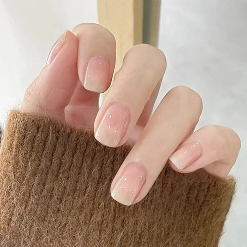  Gradient White Fake Nail Short Square Ballet Simple False Nails cashymart