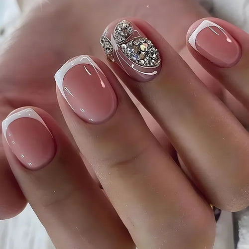  Gradient White Fake Nail Short Square Ballet Simple False Nails cashymart
