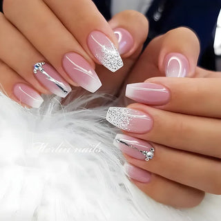  Gradient White Fake Nail Short Square Ballet Simple False Nails cashymart