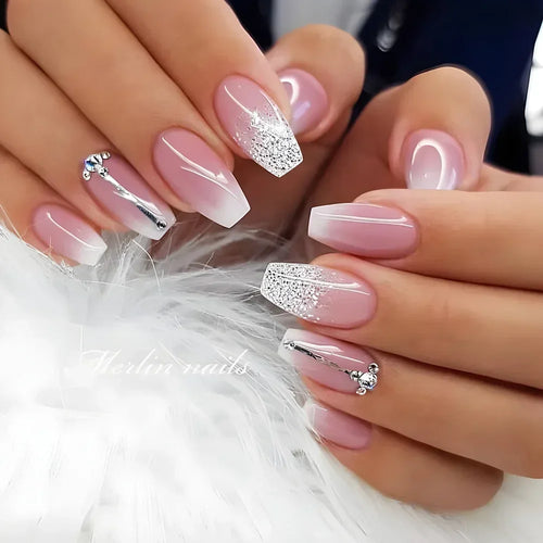  Gradient White Fake Nail Short Square Ballet Simple False Nails cashymart