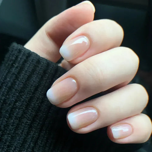  Gradient White Fake Nail Short Square Ballet Simple False Nails cashymart