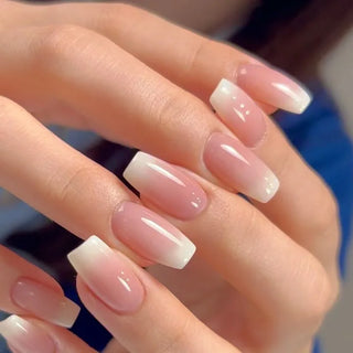 Gradient White Fake Nail Short Square Ballet Simple False Nails cashymart