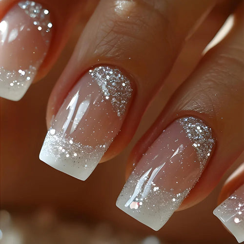  Gradient White Fake Nail Short Square Ballet Simple False Nails cashymart