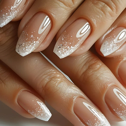  Gradient White Fake Nail Short Square Ballet Simple False Nails cashymart