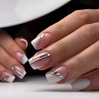  Gradient White Fake Nail Short Square Ballet Simple False Nails cashymart