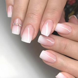  Gradient White Fake Nail Short Square Ballet Simple False Nails cashymart