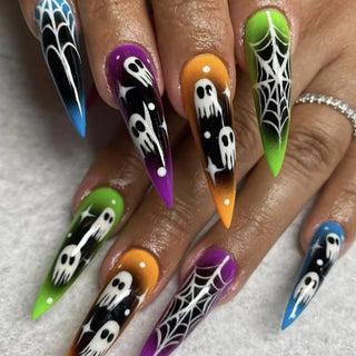  Halloween Spider Web Almond Stiletto Press-On Nails cashymart