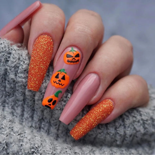  Halloween Star Moon Pumpkin Long Ballet Press-On Nails cashymart