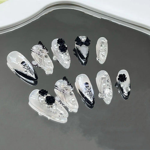  Handmade 3D Black Rose Flower Press-On Nails cashymart