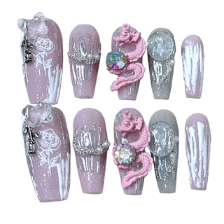  Handmade 3D Black Rose Flower Press-On Nails cashymart